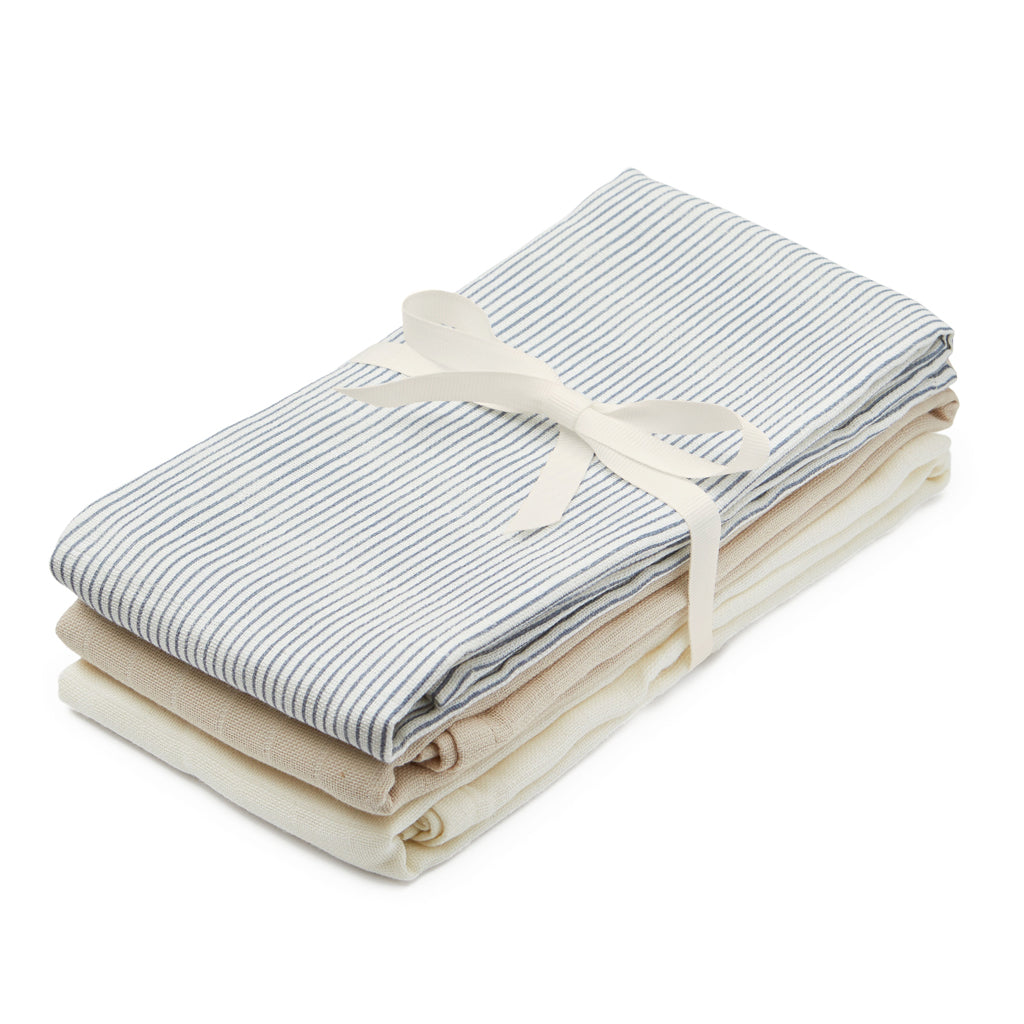 Muslin Cloth, 3-pack - GOTS Mix Classic Stripes Blue, Praline, Creme White