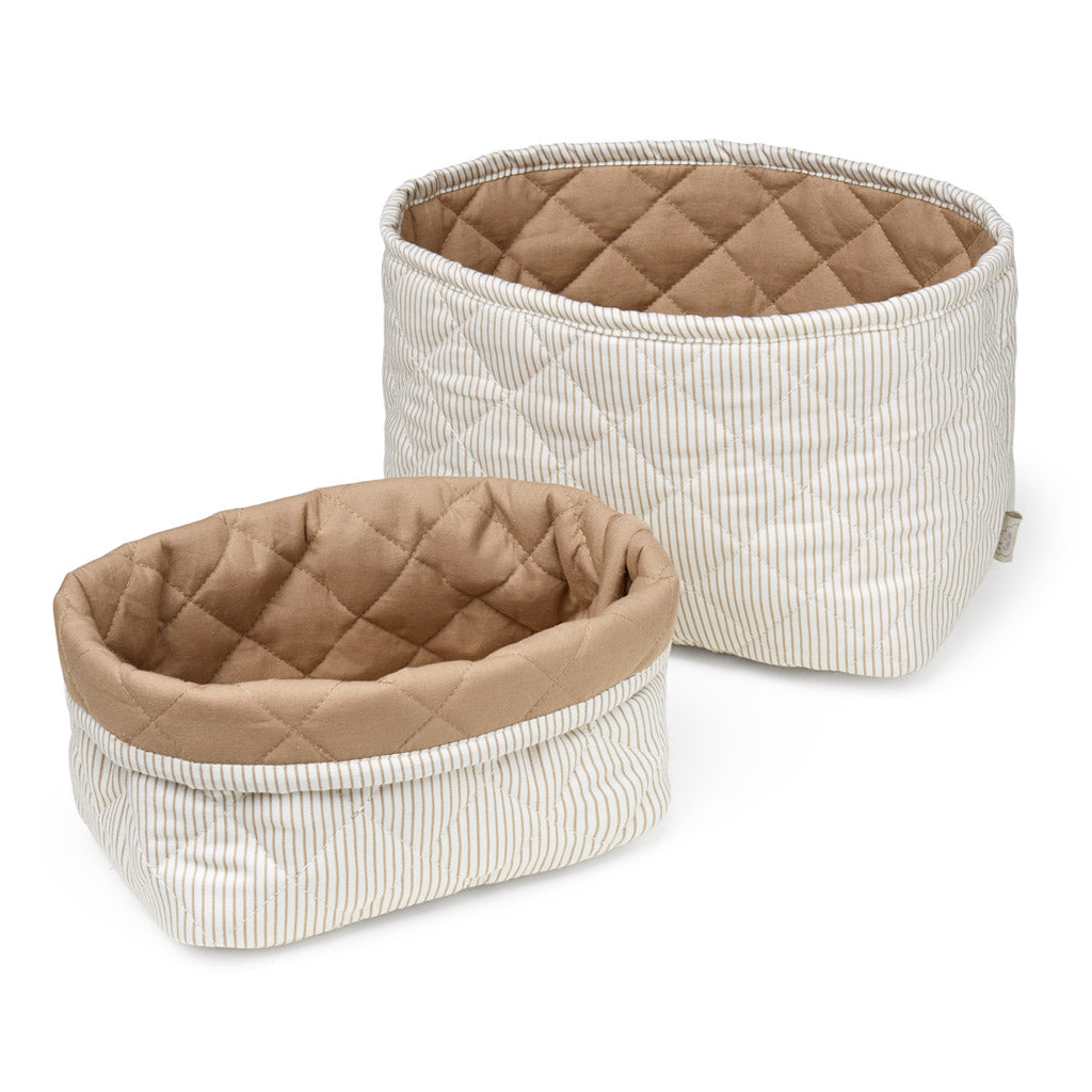 Quilted Storage Basket, Set of Two - OCS Classic Stripes Camel/ Camel