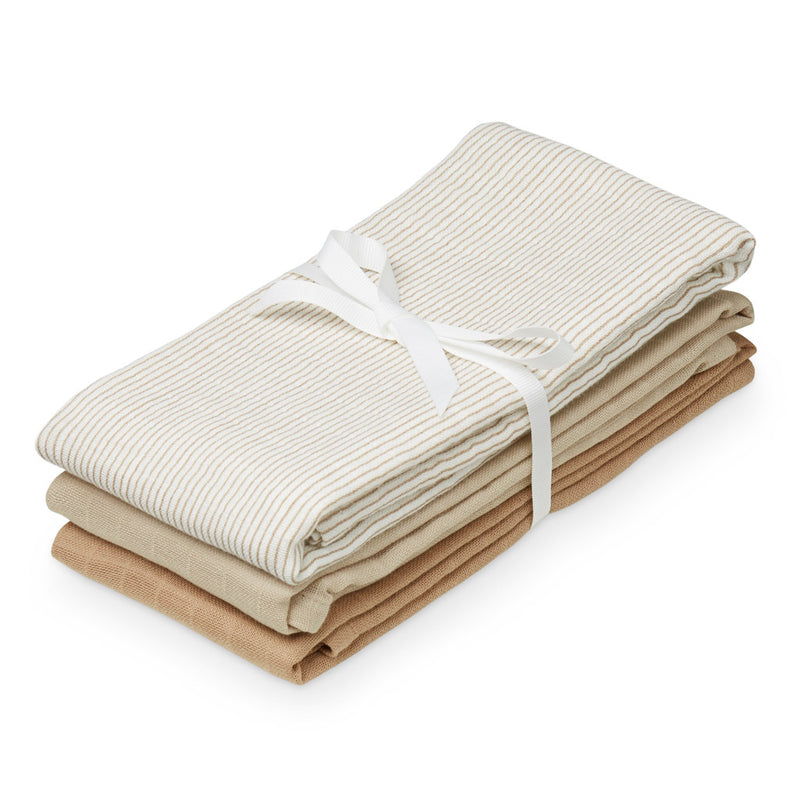 Muslin Cloth, 3-pack - GOTS Mix Classic Stripes Camel, Latte, Camel