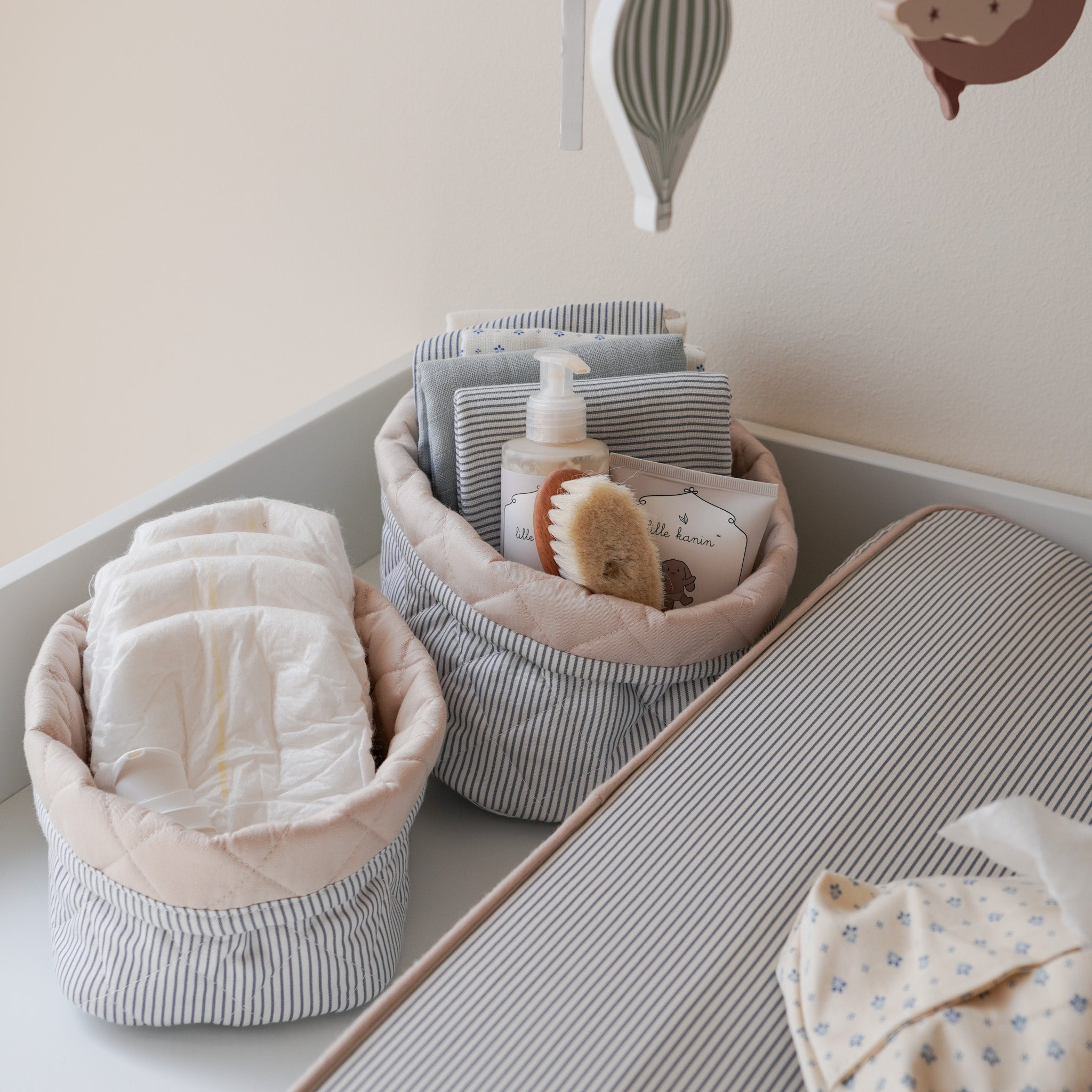 Quilted Storage Basket, Set of Two - OCS Classic Stripes Blue, Praline